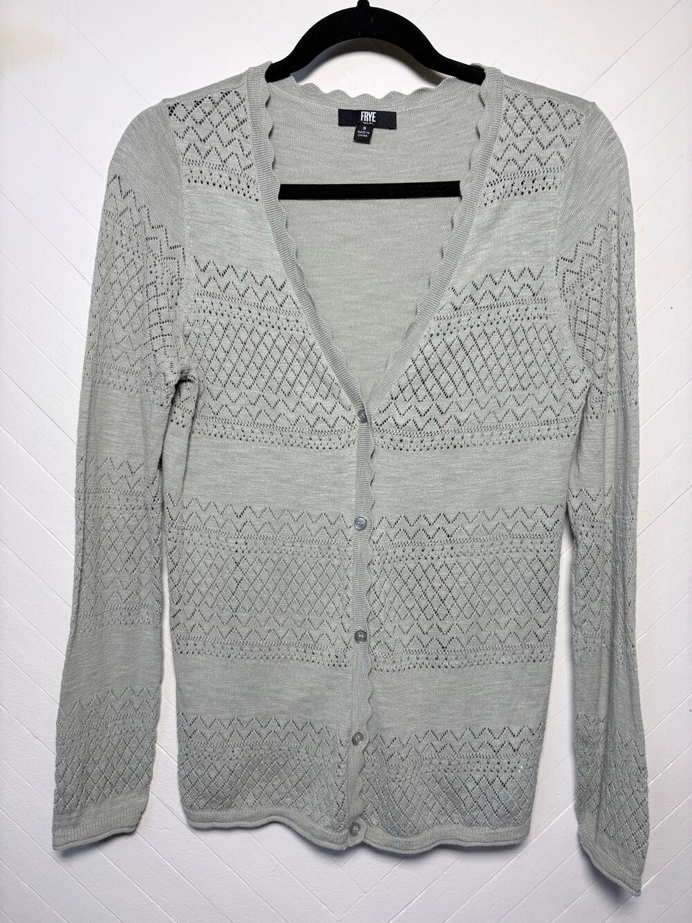 FRYE Cottagecore Cardigan Sweater 100% Cotton Diamond Lace Pattern Women's Small